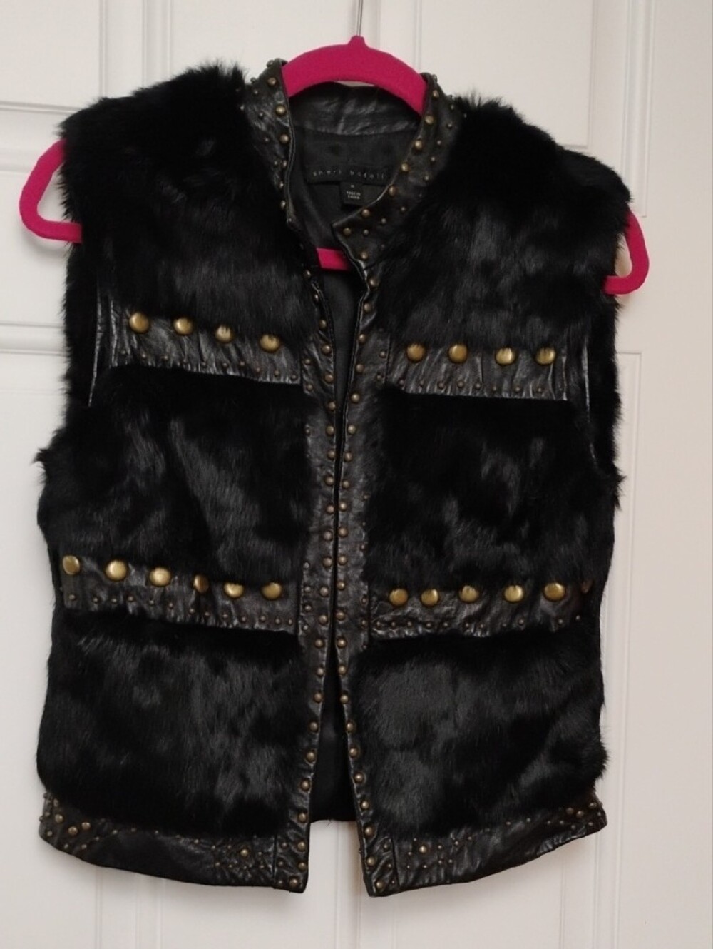 Sheri Bodell Black Rabbit Fur Vest with Stud Details